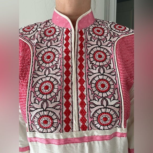 Hand Embroidered Long Cotton Silk Pink and White Dress - Picture 2 of 10
